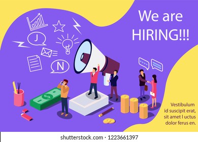 Isometric concept for Human resources. Group of people shouting on megaphone with we are hiring word vector illustration for web page, banner, presentation, social media, documents, cards, posters.