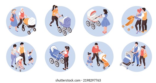 Isometric concept icons set with parents carrying baby carriage isolated vector illustration