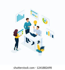 Isometric concept idea, brainstorming, teamwork, young entrepreneurs in the office. Modern vector illustration concepts for website.