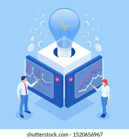 Isometric Concept Of Idea, Business Meeting And Brainstorming, Start Up Team In A Meeting And Creative Teamwork.