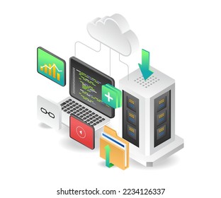 Isometrische Concept Illustration des Cloud-Servers des Programmierers