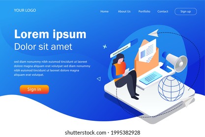 Isometric concept illustration. do a search and send an email