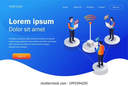 Isometric concept illustration. doing internet working and having discussions with signal