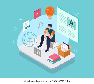 Isometric concept illustration. looking for inspiration and collecting ideas