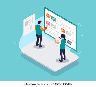 Isometric concept illustration. make a work plan on the scrum board