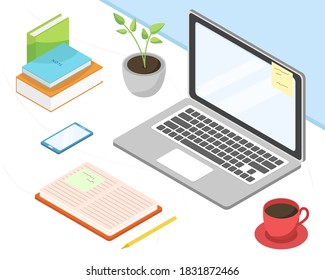 Isometric Concept Illustration Of Office Work Station. Work Place With Laptop, Cup Of Coffee, Notebook With Pen, Plant, Books, Smartphone. 