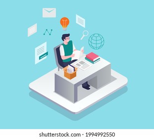 Isometric concept illustration. reading books and lots of knowledge