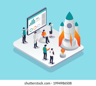 Isometric concept illustration. a team is launching a rocket
