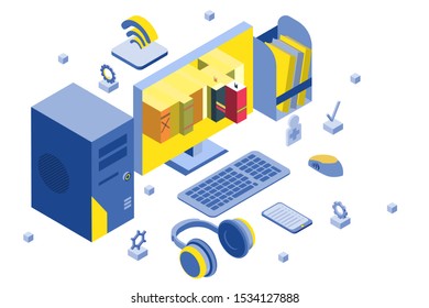 Isometric concept illustraton for e-learning. Home education graphic design. 3D vector for landing page or wallpaper and template.