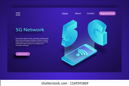 Isometric concept includes smartphone and 5G symbol. Isometric 5G network wireless systems and internet vector illustration. Global network high speed innovation connection data rate technology