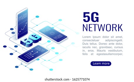 Isometric concept includes smartphone and 5G symbol. High speed communications with world wide web from anywhere in world via phone mobile internet. Abstract virtual hud elements. vector illustration.