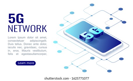 Isometric concept includes smartphone and 5G symbol. High speed communications with world wide web from anywhere in world via phone mobile internet. Abstract virtual hud elements. vector illustration.