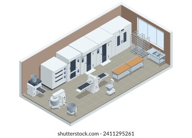 Isometric concept of Industrial bread production. Automatic bakery production line. Fresh hot baked bread.