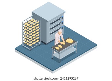 Isometrisches Konzept der industriellen Brotproduktion. Produktionslinie für Bäckereien. Frisches heißes Brot.