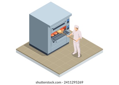 Concepto isométrico de la producción de pan industrial. Línea de producción de panadería automática. Pan recién horneado caliente.