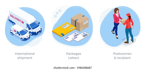 Isometric concept of International shipment, Packages Letters and Postwoman recipient . Post office and Express shipping Newspaper and journal