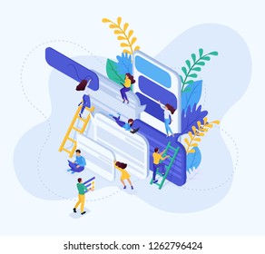 Isometric concept Internet users write feedback about services. Concept for web design.