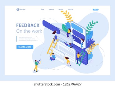 Isometric concept Internet users write feedback about services. Website Template Landing page.