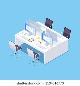 Isometric concept of joint workplace on blue background. Office desktop for four people. 3d chairs, table, computers, stickers. Vector illustration.