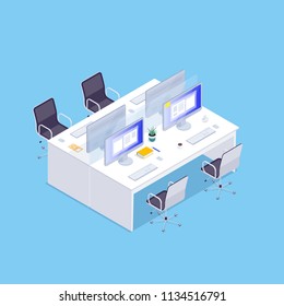 Isometric concept of joint workplace on blue background. Office room for four people. 3d chairs, table, computers. Vector illustration.