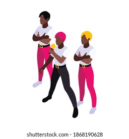 Isometric concept with korean pop music boys band 3d vector illustration