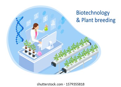 Isometric concept of laboratory exploring new methods of plant breeding and agricultural genetics. Plants growing in the test tubes.