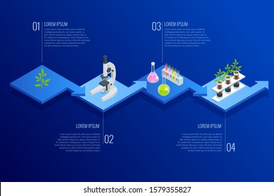 Concepto isométrico de laboratorio explorando nuevos métodos de crianza de plantas y genética agrícola. Plantas que crecen en los tubos de ensayo.