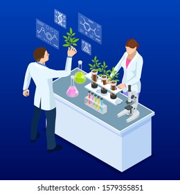 Isometric concept of laboratory exploring new methods of plant breeding and agricultural genetics. Plants growing in the test tubes.