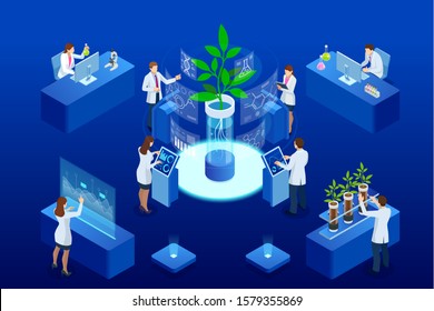 Isometric concept of laboratory exploring new methods of plant breeding and agricultural genetics. Plants growing in the test tubes.