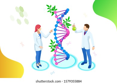 Isometric concept of laboratory exploring new methods of plant breeding and agricultural genetics. Plants growing in the test tubes.