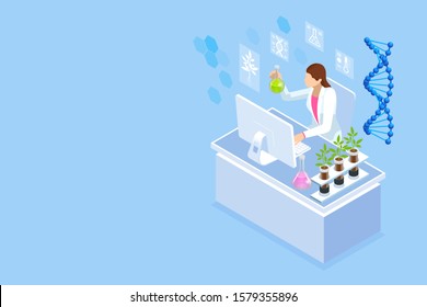 Isometric concept of laboratory exploring new methods of plant breeding and agricultural genetics. Plants growing in the test tubes.