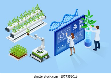 Isometric concept of laboratory exploring new methods of plant breeding and agricultural genetics. Plants growing in the test tubes.