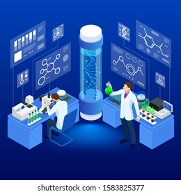 Isometric concept of laboratory exploring new methods of plant breeding and agricultural genetics. Plants growing in the test tubes. Organic food ,agriculture and hydroponic