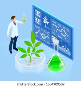 Isometric concept of laboratory exploring new methods of plant breeding and agricultural genetics. Plants growing in the test tubes. Organic food ,agriculture and hydroponic