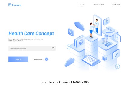 Isometric concept, lady consulted to doctor through mobile application, medical equipments on white background for Health Care web template design.
