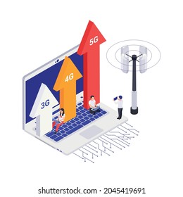 Isometric Concept With Laptop And People Using Fast 5g Internet Vector Illustration