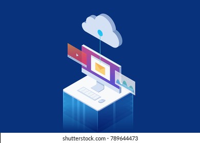 Isometric concept of Lcd monitor with different applications: web chart, email, player. Vector illustration.