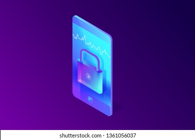 Isometric concept of locked phone, biometrics, voice recognition, data and information security, closed padlock icon on smartphone screen, 3d vector illustration