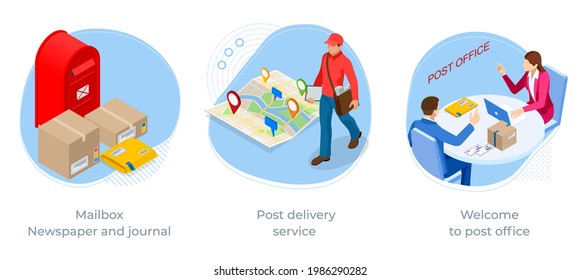 Isometric concept of Mailbox, Newspaper and journal, Post delivery service and Welcome to post office. Post service.
