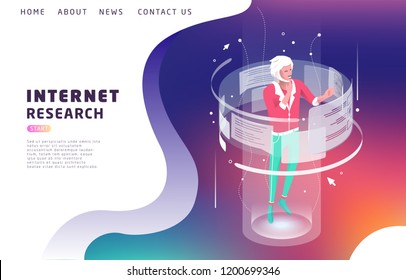 Isometric concept with man and augmented reality. Internet research. Vector illustration.