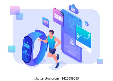 Isometric concept a man runs around using a fitness bracelet and tracks his workouts. Concept for web design.