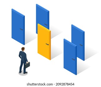 Isometric concept of man is standing in front of three doors and having a choice. Symbol of choice, career path or opportunities. Business decision, choice path to goal success