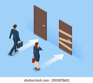 Isometric concept of man is standing in front of three doors and having a choice. Symbol of choice, career path or opportunities. Business decision, choice path to goal success