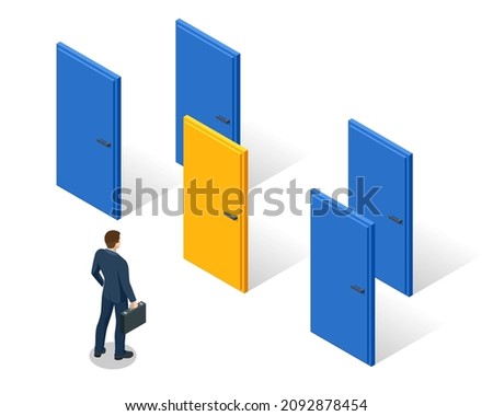 Isometric concept of man is standing in front of three doors and having a choice. Symbol of choice, career path or opportunities. Business decision, choice path to goal success