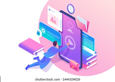 Isometric concept Man studying online, a large library of knowledge. Mobile Application for training. Concept for web design