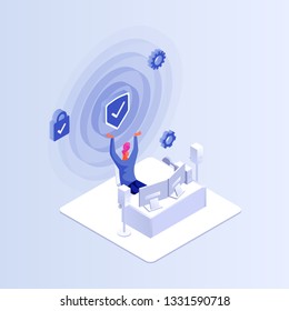 Isometric concept man work with personal computer. Happy game winner 3d vector illustration