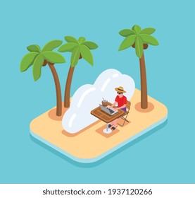 Isometric concept with man working remotely on laptop sitting on beach with palms 3d vector illustration
