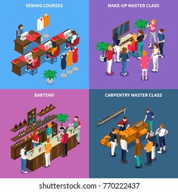 Isometric concept with master class for carpentry and makeup, sewing and bartenting courses isolated vector illustration