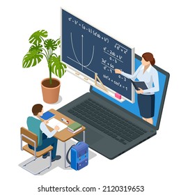 Isometric concept of math and geometry lesson online. Online studying. Personalised learning. E-learning, online education at home. Digital classroom online education