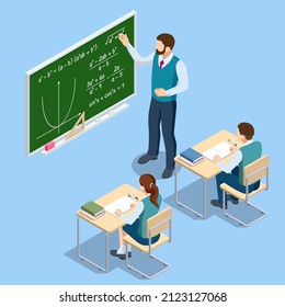 Isometric concept of math and geometry lesson, studying. Personalised learning. E-learning, online education. Algebra, geometry, statistics, basic maths.